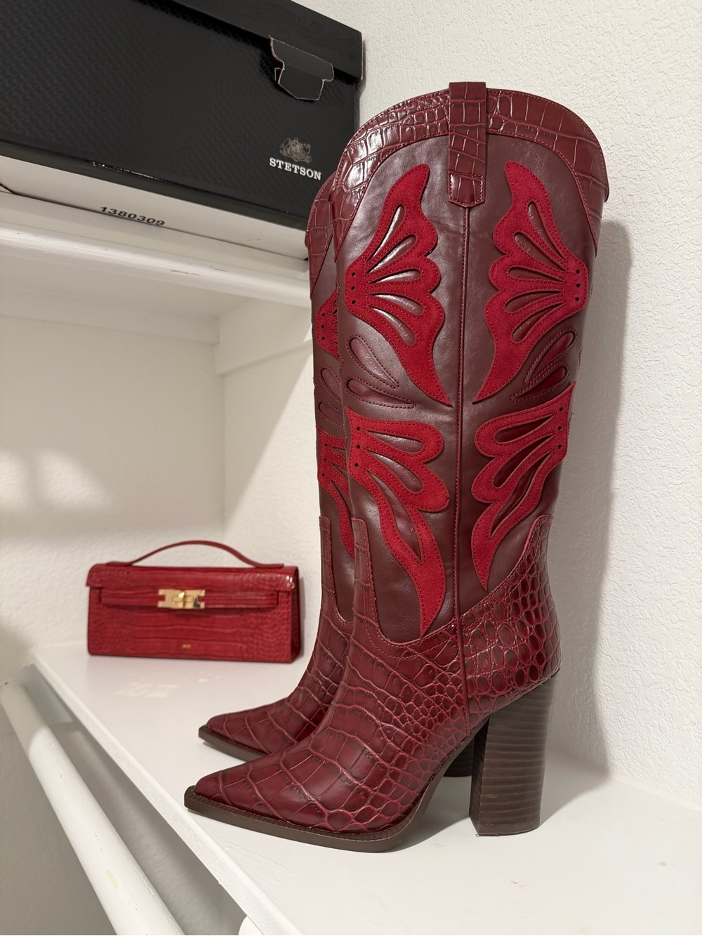 Steve Madden Burgundy Red Croc-Embossed Western High Heel Boots